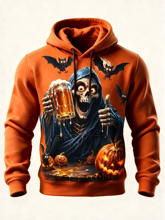Halloween Fun Bats Pumpkins Skull Beer Kangaroo-Pocket Hoodie Sweatshirt
