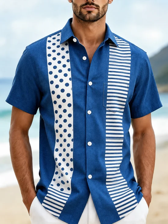 Linen-Texture  Abstract Geometric Stripes and Polka Dots Casual Chest Pocket Bowling Shirt
