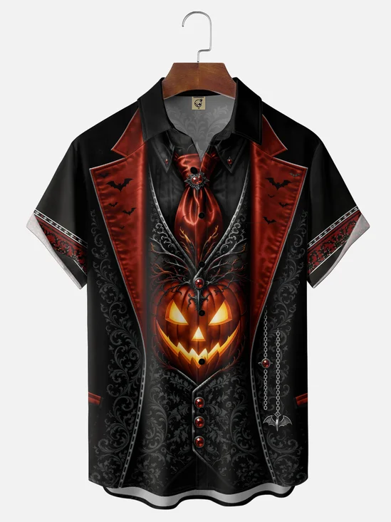 Moisture-Wicking Halloween Bat Pumpkin Head 3D Chest Pocket Hawaiian Shirt