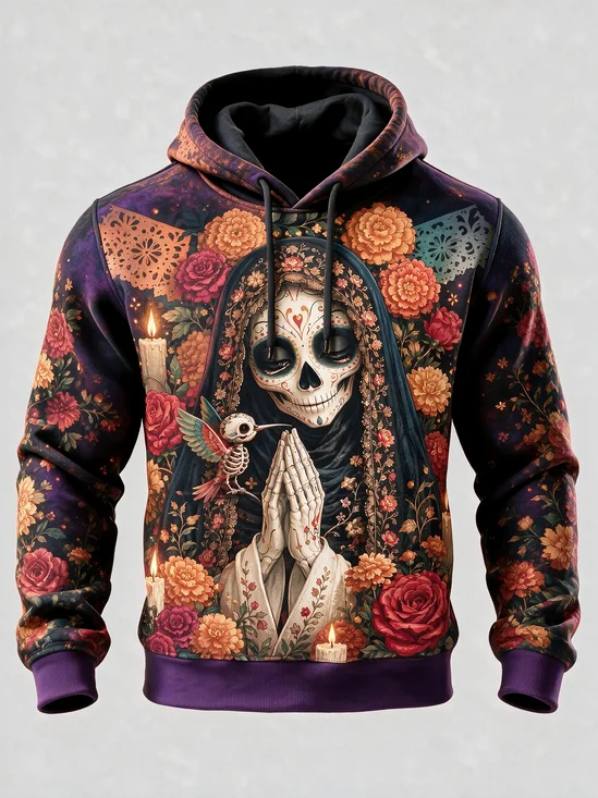 Day of the Dead Vintage Prayer Skull Lady Marigold Hummingbird Candle Rose Kangaroo-Pocket Hoodie Sweatshirt