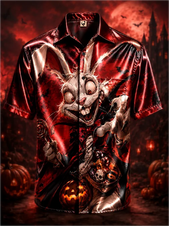 Breathable Silk Satin Halloween Vampire Rabbit Candy Pumpkin Moon Chest Pocket Holiday Hawaiian Shirt