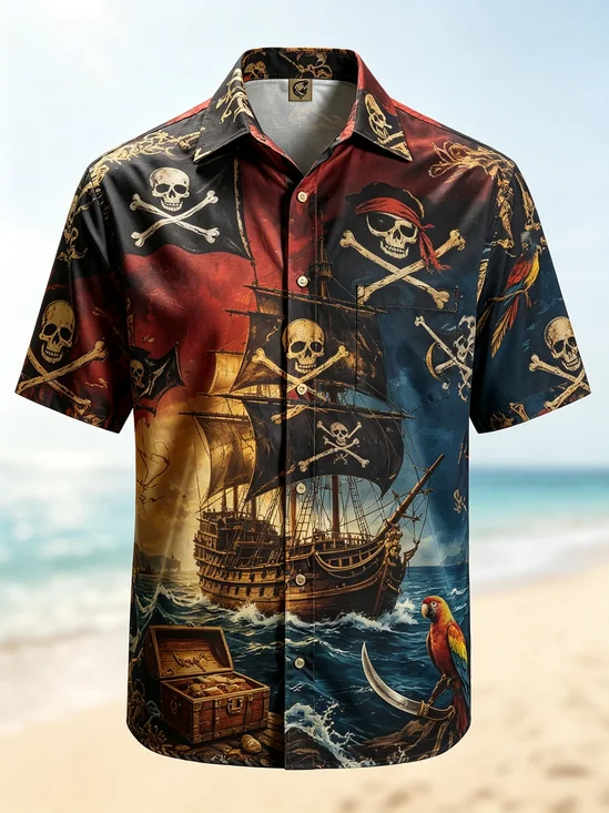 Moisture-Wicking Gradient  Pirate Sailing Ship  Parrot Print Chest Pocket Hawaiian Shirt