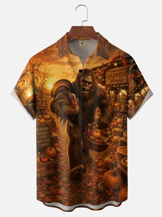 Moisture-Wicking Thanksgiving Pumpkin Turkey Bigfoot Chest-Pocket Hawaiian Shirt