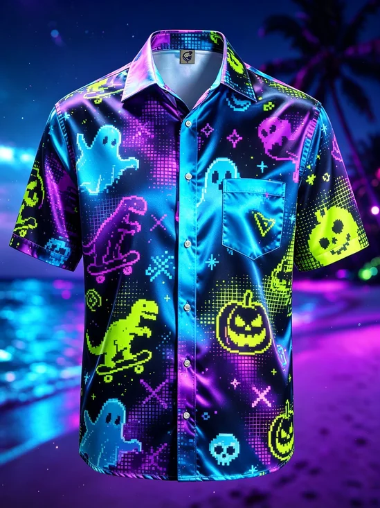 Silk Satin Breathable Halloween Gradient Print Pumpkins Skulls Dinosaurs  Chest Pocket Hawaiian Shirt