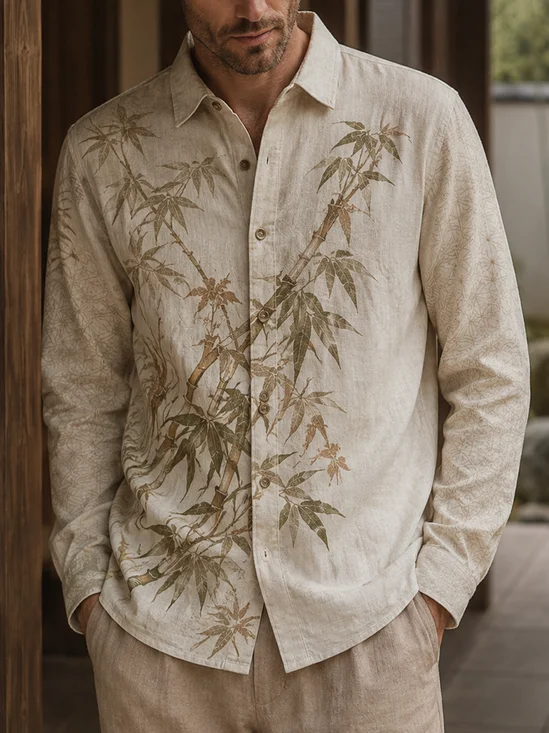Linen-Texture  Bamboo Leaf Print Chest Pocket  Long-Sleeve Casual Shirt