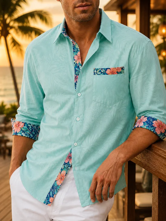 Linen-Texture  Solid & Tropical Floral Color-Block Design Chest Pocket Casual Long-Sleeve Shirt