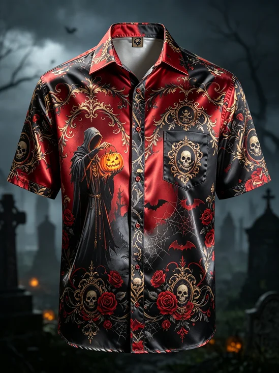 Silk Satin Breathable Gradient Halloween Print Headless Horseman Pumpkin Skull Rose  Chest Pocket  Hawaiian Shirt