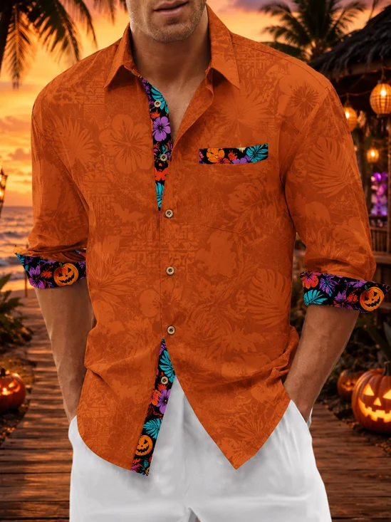 Moisture-Wicking  Halloween Patchwork Pumpkin & Tropical Floral Chest Pocket  Long-Sleeve Casual Shirt