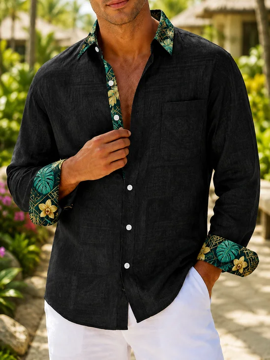 Moisture-Wicking Solid & Tropical Floral Panel Chest Pocket Casual Long-Sleeve Shirt