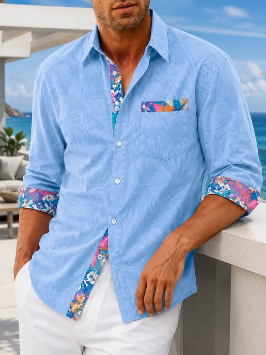 Linen-Texture Solid & Tropical Floral Color-Block Design Chest Pocket Casual Long-Sleeve Shirt