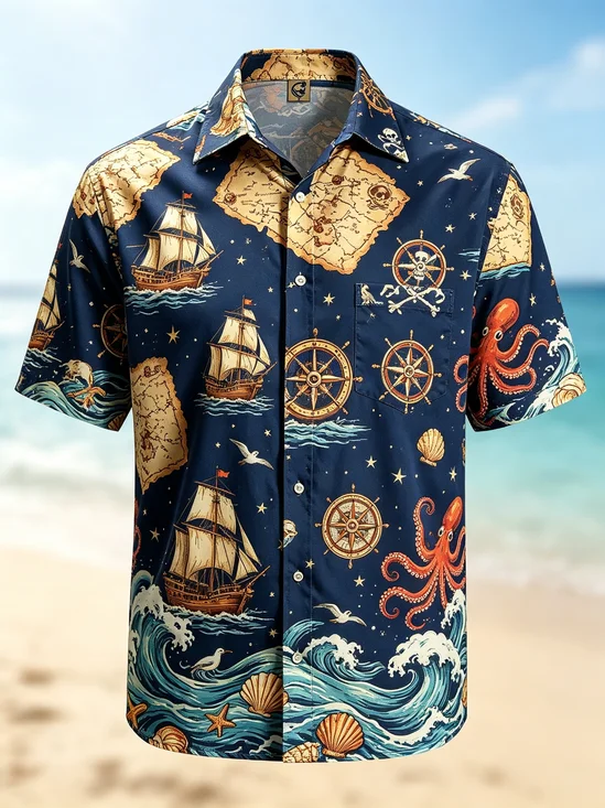 Moisture-Wicking  Gradient Designs Featuring Sailboats Anchors Maps Octopuses  Seashells  Chest Pocket Hawaiian Shirt
