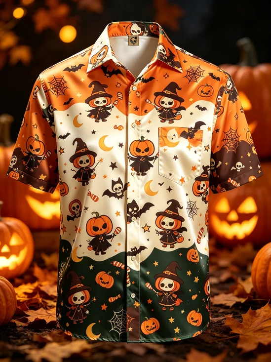 Silk Satin Breathable  Halloween Gradient Print Pumpkins Witches Spiderwebs Bats  Chest Pocket Hawaiian Shirt
