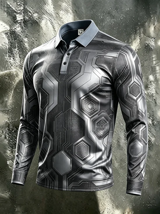 Moisture-Wicking Gradient 3D Abstract Geometric Color-Block Long-Sleeve Hawaiian Golf Polo