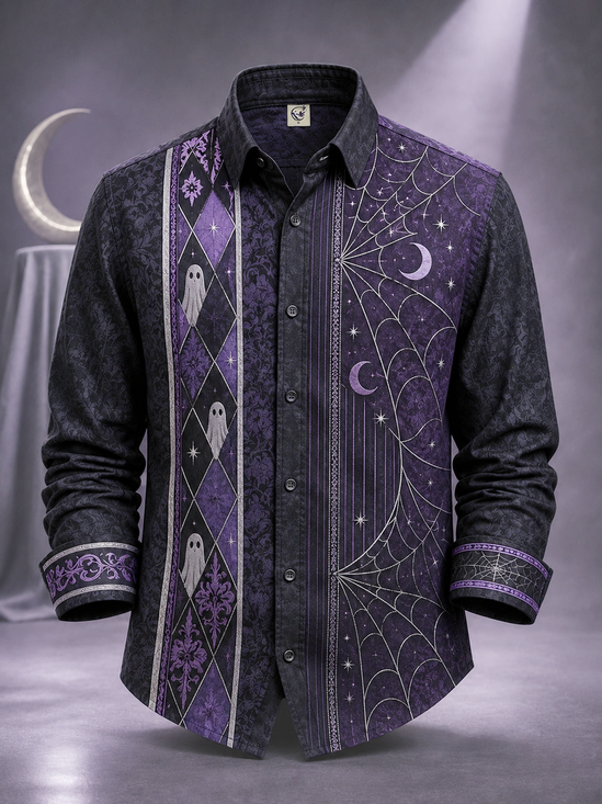 Moisture-Wicking Halloween Striped Ghost & Spiderweb Casual Long-Sleeve  Bowling Shirt