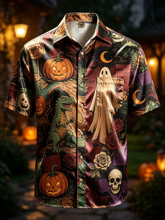 Silk Satin Breathable Halloween Gradient Print Pumpkins Ghosts Dinosaurs Skeletons Chest Pocket  Hawaiian Shirt