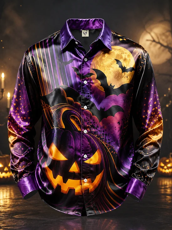 Breathable Silk Satin  Halloween Ghost Pumpkin Head Bat Print Casual Long-Sleeve Shirt