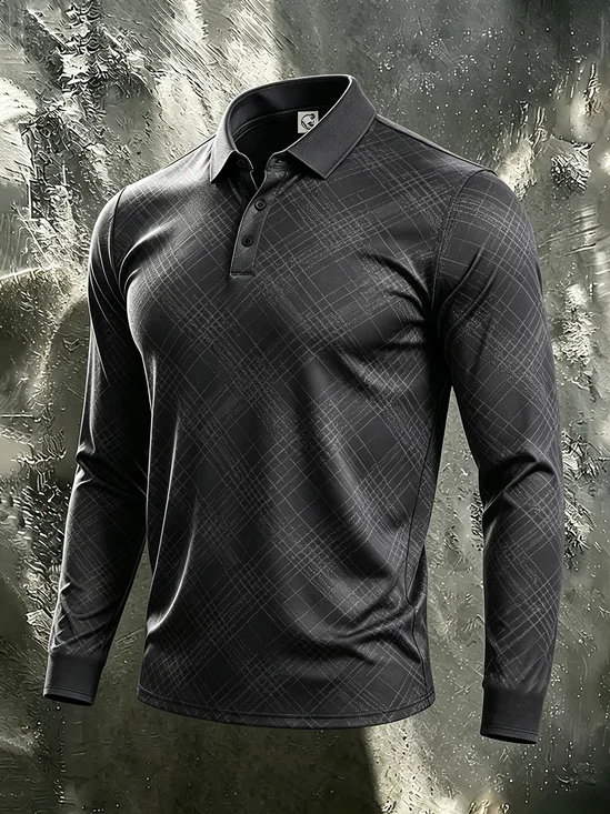 Moisture-Wicking Gradient 3D Abstract Geometric Plaid Long-Sleeve Hawaiian Golf Polo