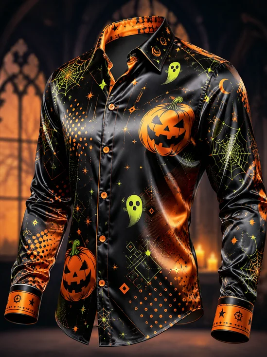 Breathable Silk Satin Halloween Ghost Pumpkin Head Pattern Subtle Polka Dots  Casual Long-Sleeve Shirt