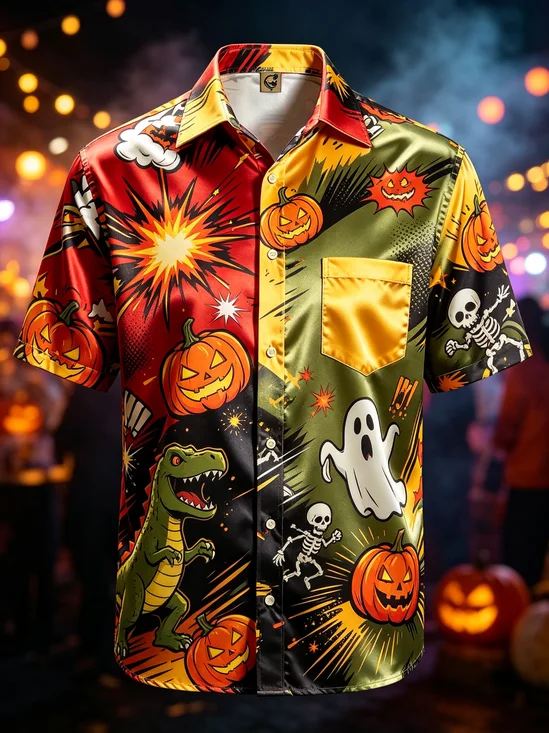 Silk Satin  Breathable Halloween Gradient Print Pumpkins Ghosts Dinosaurs Skeletons  Chest Pocket  Hawaiian Shirt