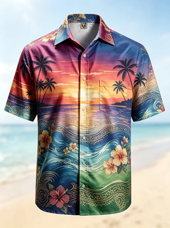 Moisture-Wicking  Featuring a Gradient Seascape  Geometric Hibiscus Print  Chest Pocket Hawaiian Shirt