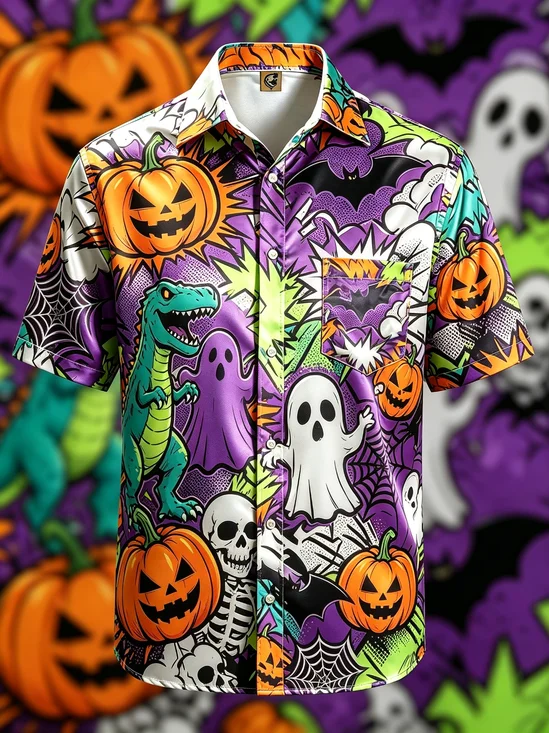 Silk Satin Breathable  Halloween Gradient Print Pumpkins Skeletons Dinosaurs  Chest Pocket Hawaiian Shirt