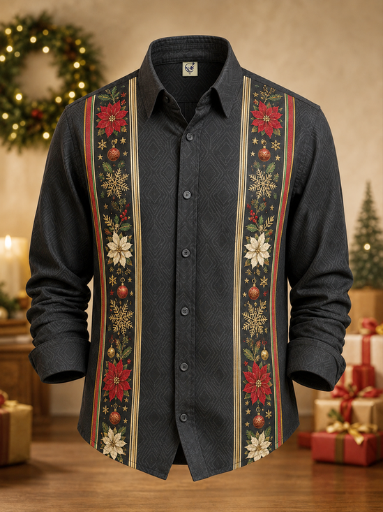 Moisture-Wicking Christmas Stripes Christmas Trees Floral Casual Long-Sleeve Shirt