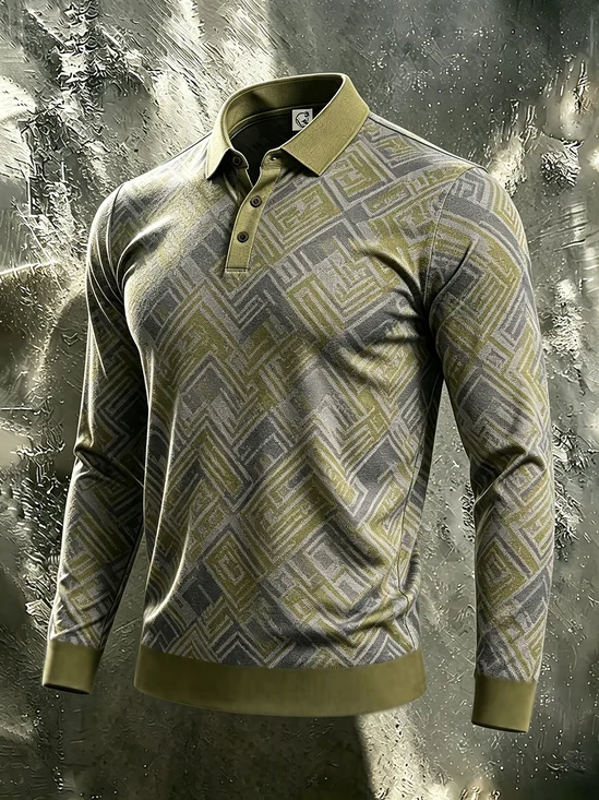 Moisture-Wicking Gradient 3D Abstract Geometric Color-Block Long-Sleeve Hawaiian Golf Polo