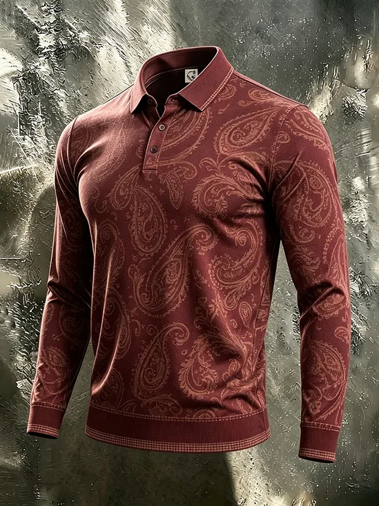 Moisture-Wicking Gradient Paisley & Geometric Print Long-Sleeve Hawaiian Golf Polo