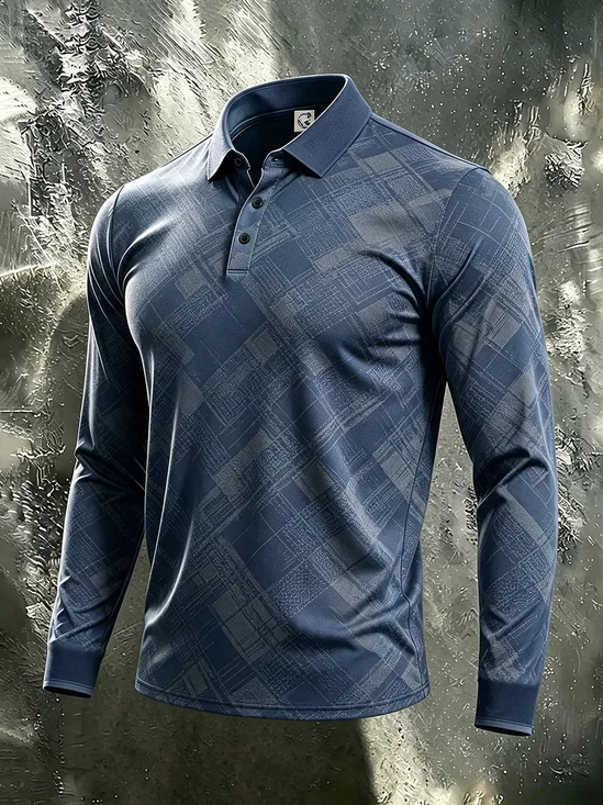 Moisture-Wicking Gradient 3D Abstract Geometric Color-Block Long-Sleeve Hawaiian Golf Polo