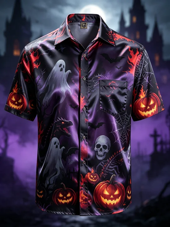 Silk Satin Breathable  Halloween Gradient Print Pumpkins Ghosts Dinosaurs Skulls Spiderwebs  Chest Pocket Hawaiian Shirt
