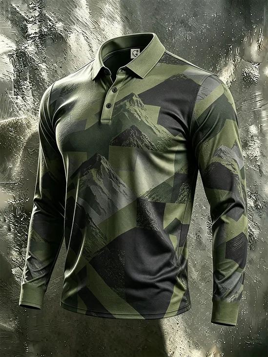 Moisture-Wicking  Gradient 3D Abstract Mountain & Geometric Print Long-Sleeve Hawaiian Golf Polo