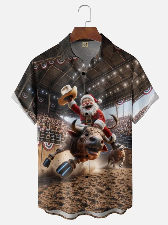 Moisture-Wicking "Merry Christmas" Cowboy Santa Chest-Pocket Hawaiian Shirt