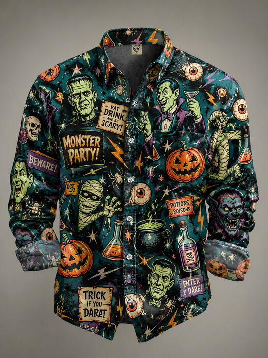Moisture-Wicking Halloween Pumpkin Ghost Monster Zombie Print Chest Pocket Casual Long-Sleeve Shirt
