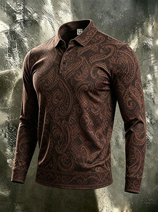 Moisture-Wicking Gradient Paisley & Geometric Print Long-Sleeve Hawaiian Golf Polo
