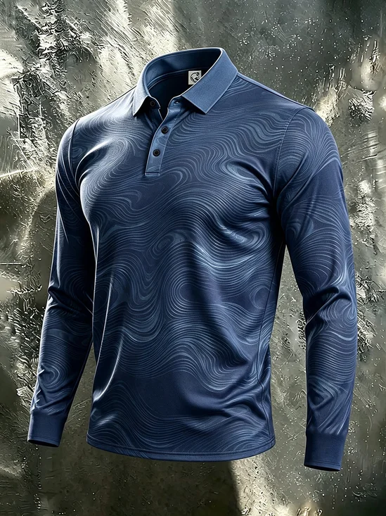 Moisture-Wicking Gradient 3D Abstract Geometric Long-Sleeve Hawaiian Golf Polo