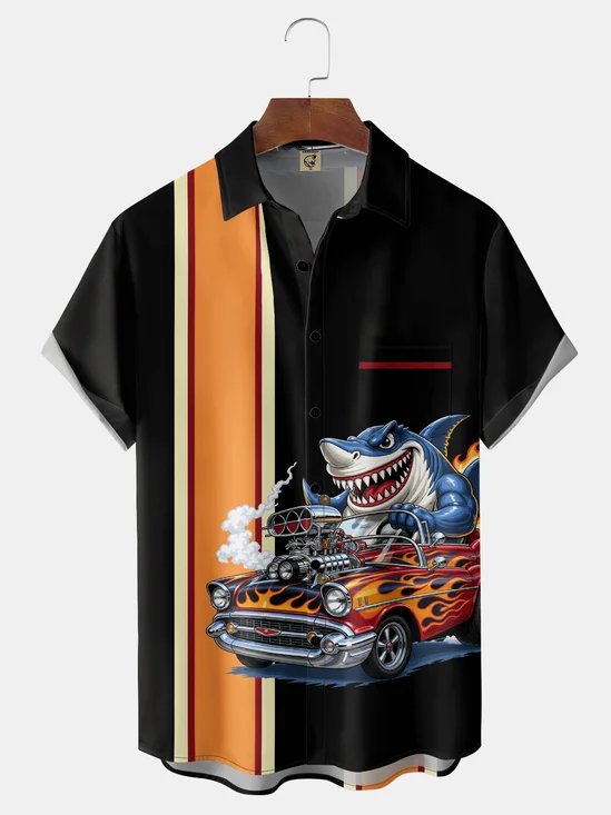 Moisture-Wicking Retro Shark & ​​Custom Car Chest Pocket Bowling Shirt