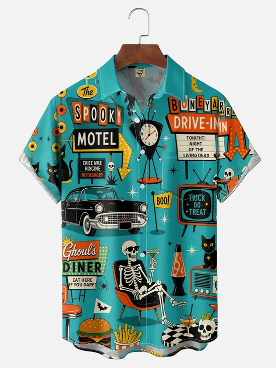 Moisture-Wicking  Halloween Themes Trick-or-Treat Skulls Vintage Cars Black Cats Jack-o'-Lanterns Chest Pocket  Hawaiian Shirt