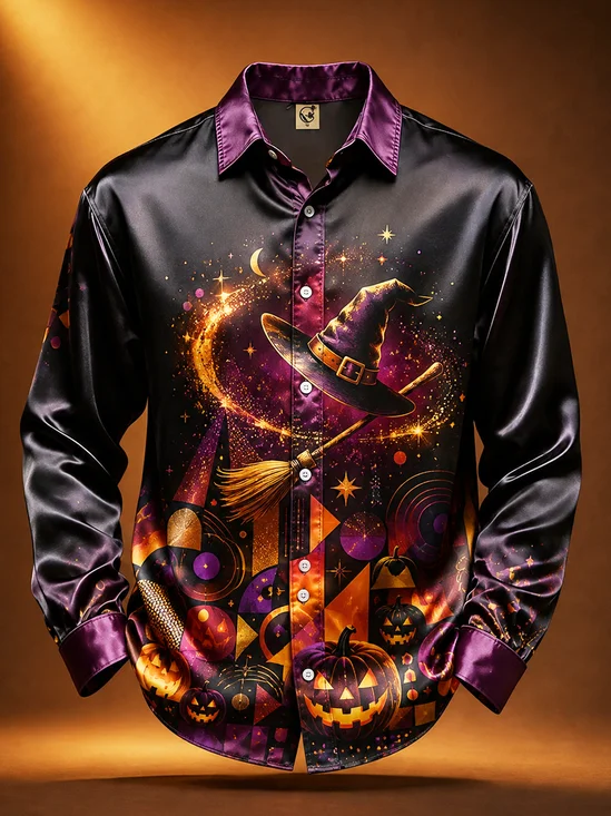 Breathable Silk Satin Halloween Ghost, Pumpkin Head Bat Print Casual Long-Sleeve Shirt