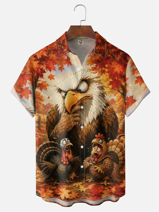 Moisture-Wicking Thanksgiving Fun Bald Eagle Maple Leaf Turkey Pastoral Autumn Scenery Rooster Chest Pocket Holiday Hawaiian Shirt