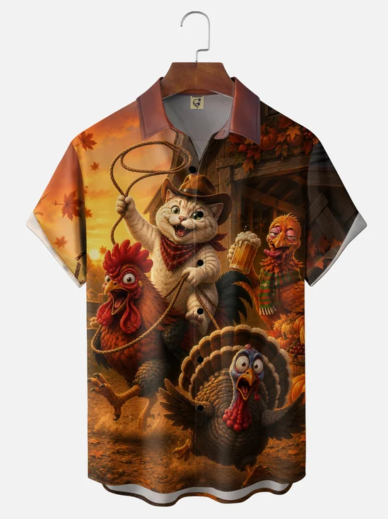 Moisture-Wicking Thanksgiving Western Cowboy Style Cartoon Fun Western Log Cabin Cowboy Cat Lasso Turkey Rooster Pumpkin Fallen Leaves Maple Forest Chest Pocket Holiday Hawaiian Shirt