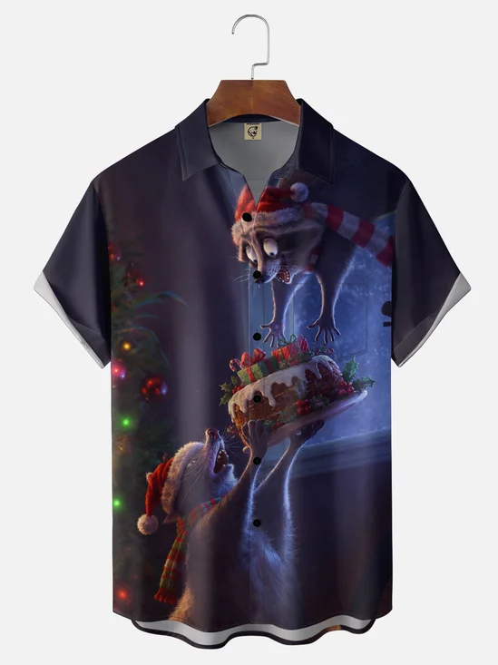 Moisture-Wicking Christmas Raccoon Cartoon Funny Santa Hat Christmas Cake Chest Pocket Holiday Hawaiian Shirt