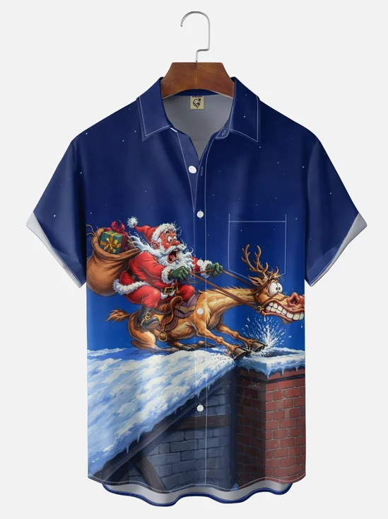 Moisture-Wicking Christmas Fun Cartoon Quirky Santa Claus Elk Chimney Chest Pocket Holiday Hawaiian Shirt