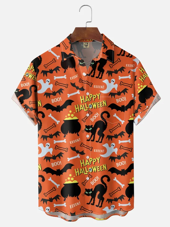 Moisture-Wicking Gradient  Halloween Theme Black Cat Ghost Bat Skull  Chest Pocket Hawaiian Shirt