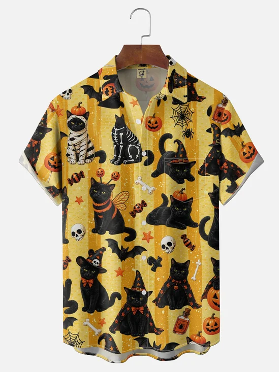 Moisture-Wicking Gradient Halloween Black Cat Pumpkin Witch Hat Spiderweb  Chest Pocket Hawaiian Shirt