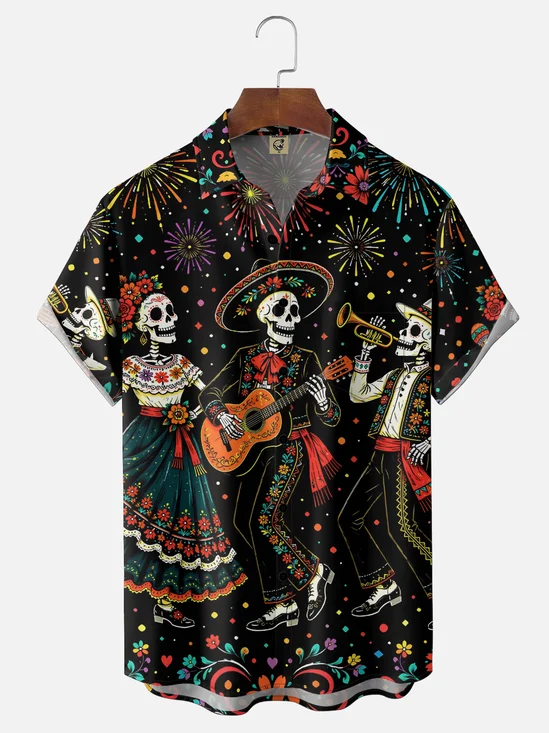 Moisture-Wicking  Gradient Design Featuring Day Of The Dead Skulls Guitars  Floral Patterns Chest Pocket  Hawaiian Shirt