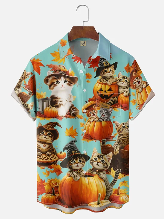 Moisture-Wicking Gradient Halloween Black Cat & Pumpkin Hat  Chest Pocket Hawaiian Shirt