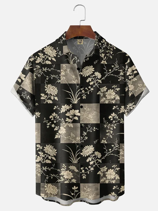 Moisture-Wicking Checkerboard Grid Vintage Floral Botanical Pattern Chest Pocket Casual Hawaiian Shirt