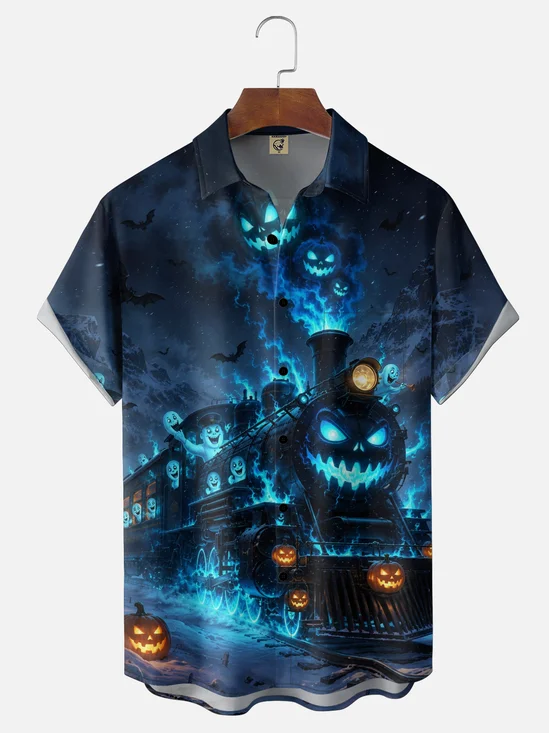 Moisture-Wicking Halloween Cartoon Pumpkin Ghostly Face Steam Train Flames Ghost Bat Snow-Capped Mountain Starry Sky Chest Pocket Holiday Hawaiian Shirt