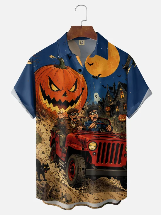 Moisture-Wicking Halloween American Style Retro Comic Book Style Spooky fun Jeep Men pumpkin moon bats ghost Chest Pocket Holiday Hawaiian Shirt