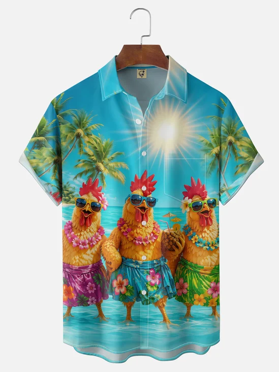 Moisture-Wicking Gradient  Beach Chicken  Coconut Tree Print Chest Pocket  Hawaiian Shirt